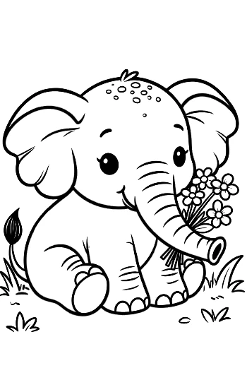 Baby Elephant Holding a Large Floral Bouquet in the Meadow Printable
