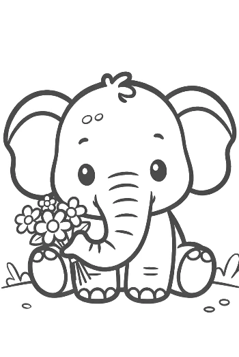 Cute Baby Elephant Holding Flowers in a Sunny Field Printable