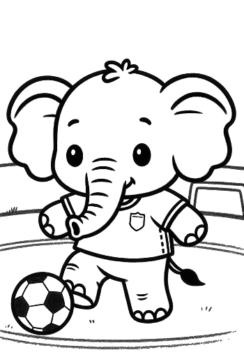 Happy Baby Elephant Athlete Playing Football on Grass Printable