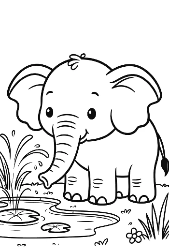 Happy Baby Elephant Fountain Spraying Water in the Air Printable