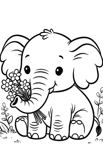 Happy Elephant Calf Sitting with a Bunch of Roses Printable