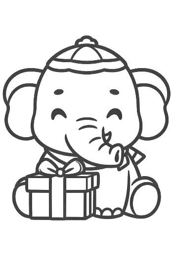 Adorable Elephant Calf with a Winter Hat Holding a Present Printable
