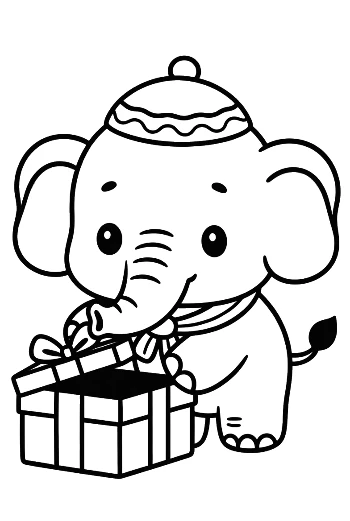 Cute Baby Asian Elephant Opening a Surprise Gift Box Printable