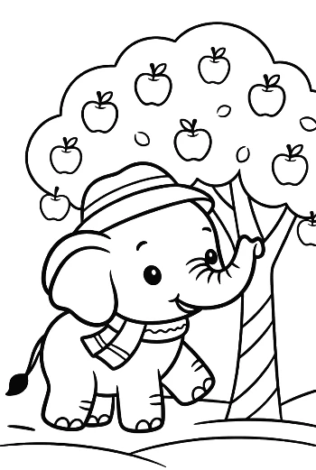 Cute Elephant Calf Holding an Apple Under a Fruit Tree Printable