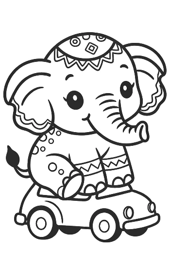 Little Baby Elephant Driving a Small Toy Car Printable