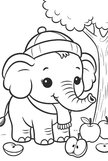 Little Baby Elephant Standing Near Falling Autumn Apples Printable