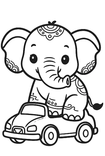 Sweet Elephant Calf Driving a Car with a Big Smile Printable