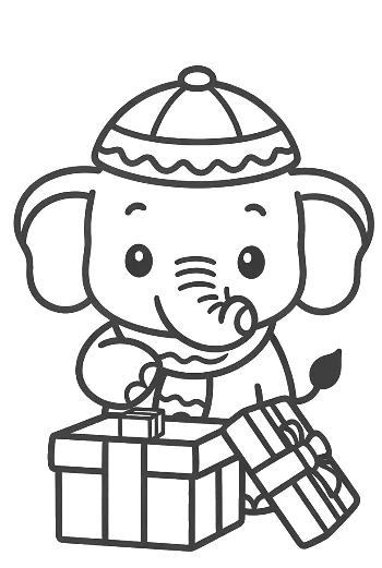 Sweet Elephant Calf Sitting with Two Wrapped Gift Boxes Printable