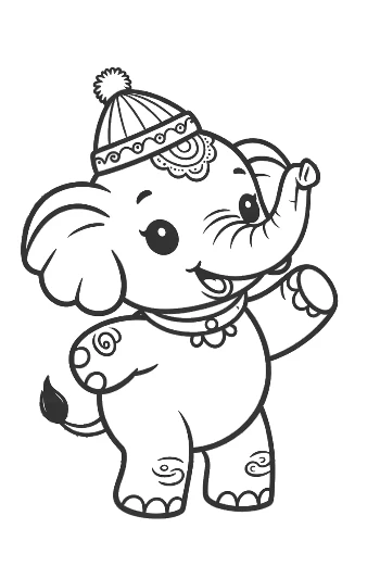 Sweet Elephant Calf Wearing a Winter Hat and Waving Printable