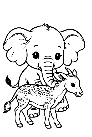 Baby Elephant and Spotted Fawn Cuddling