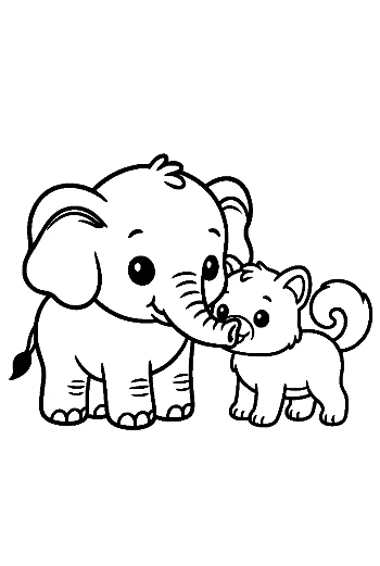 Mother Elephant Nuzzling Baby with Puppy