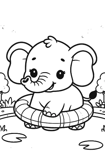 Playful Baby Elephant Balancing a Ball Near a Curtain Printable