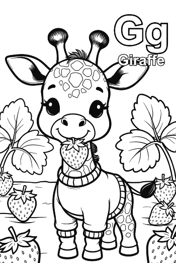 Adorable Giraffe Surrounded by Ripe Strawberries Printable