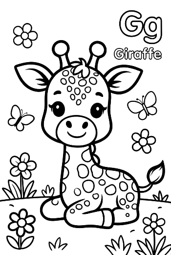 Baby Giraffe Resting in a Field with Butterflies and Flowers Printable