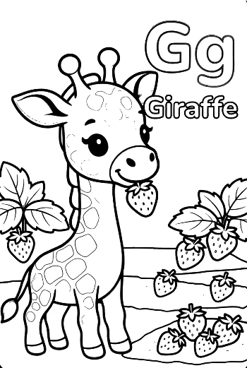 Cute Giraffe Looking at Delicious Strawberries Printable