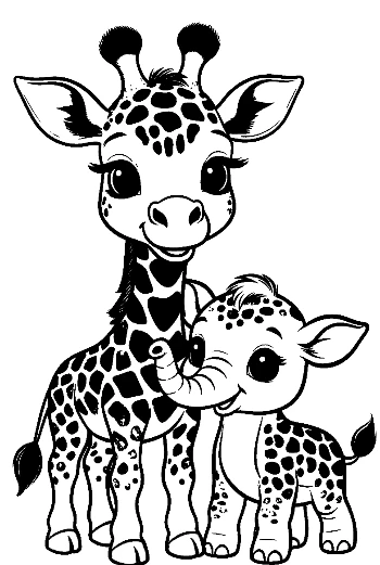 Cute Giraffe Mom and Baby Elephant Hug