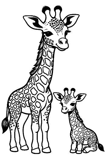 Cute Mama and Baby Giraffe Outline