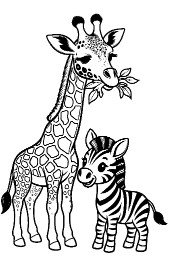 Giraffe and Zebra Eating Leaves