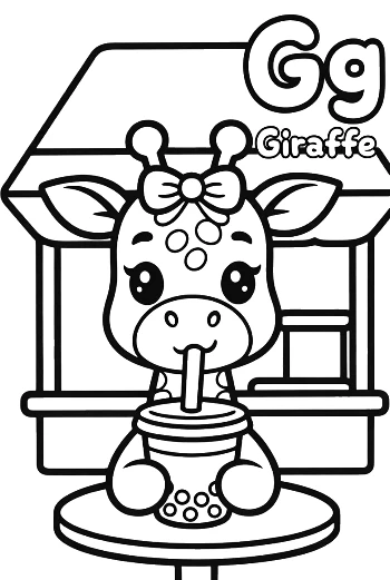 Small Giraffe Standing Next to a Boba Tea Stand Printable
