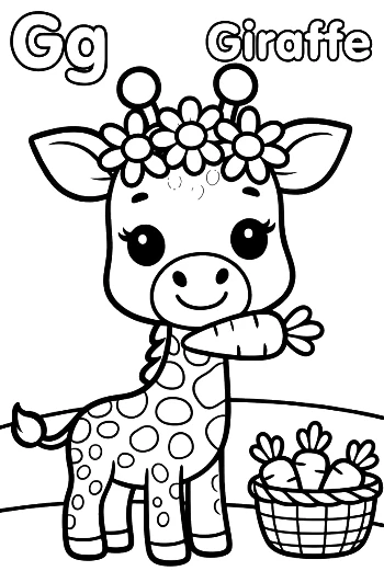 Sweet Giraffe with Flowers Snacking on Carrots Printable