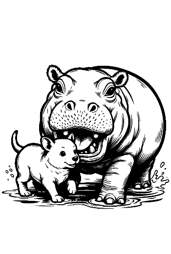 Giant Hippo Playfully Embracing Tiny Puppy in Water