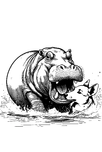 Hippo Playfully Wrestling Husky in River Splash