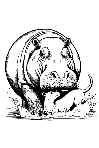 Mother Hippo Carrying Calf in Splashing Water