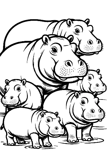 Playful Hippo Family in Shallow Water
