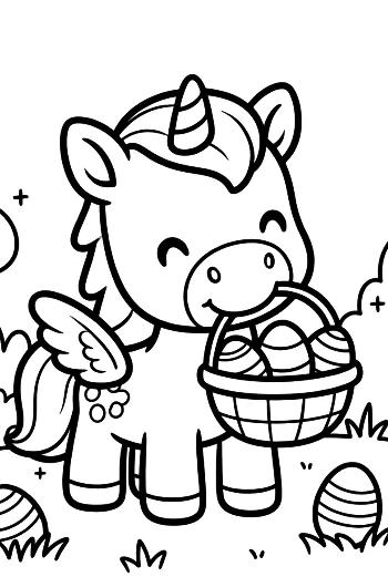 Happy Pony Carrying a Basket of Decorated Eggs Printable
