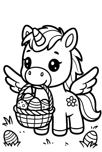 Little Pony Posing with a Basket of Pretty Eggs Printable