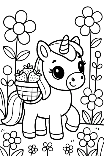 Sweet Pony Standing in a Flower Garden with a Basket Printable