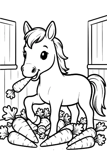 Happy Horse Enjoying a Meal of Fresh Hay and Carrots Printable