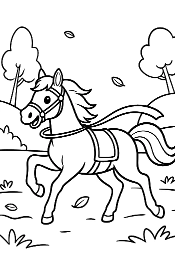 Powerful Race Horse Galloping Through a Scenic Forest Trail Printable