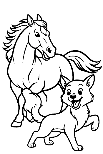 Race Horse and Puppy Outline Art