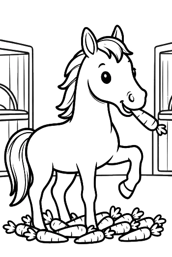 Race Horse Eating Carrots in Front of a Rustic Barn Printable