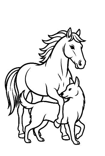 Wild Horse Nuzzling Playful Wolf Pup