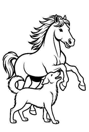 Wild Horse Rearing with Playful Puppy