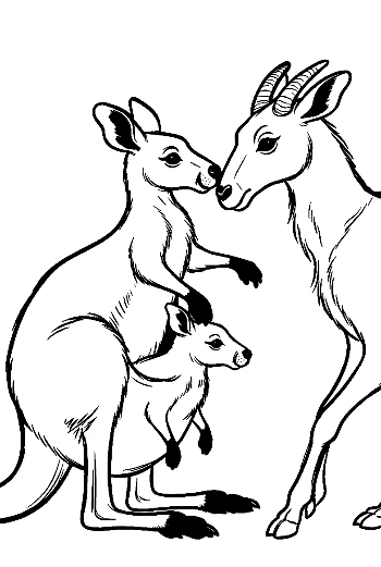 Mother Kangaroo Nuzzling Mate with Joey in Pouch