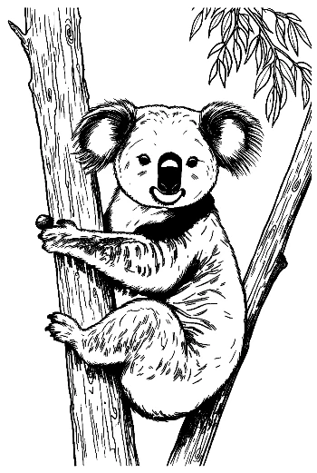 Söpö koala takertuu eukalyptuspuuhun