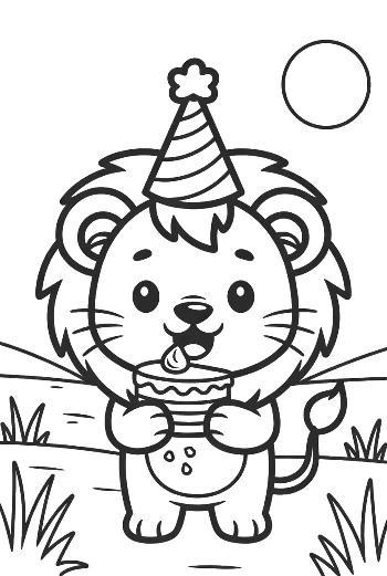 Adorable Lion Cub Celebrating with a Cupcake and Hat Printable
