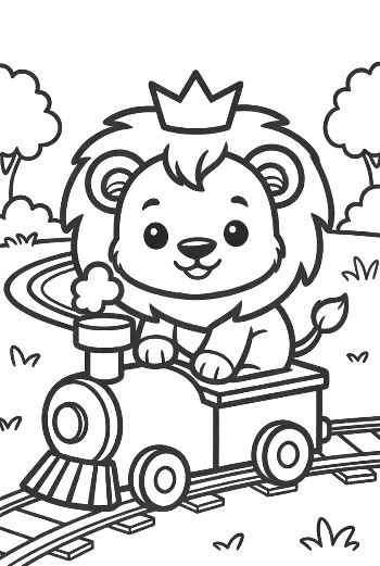 Cheerful Lion Cub Riding a Toy Train with a Party Hat Printable