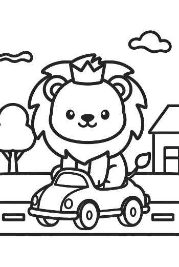 Süßer Baby-Löwe winkt aus winzigem Cabrio Druckvorlage