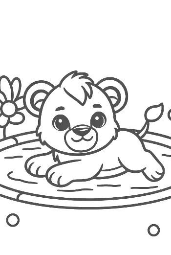Happy Baby Lion Splashing in a Small Forest Pool Printable