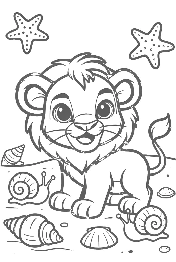 Happy Lion Cub Playing with Seashells on a Sandy Beach Printable