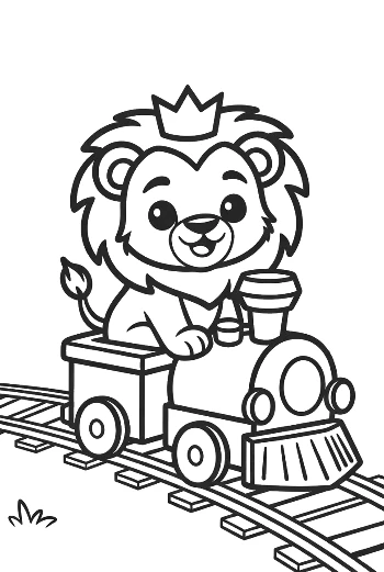 Happy Lion Cub Sitting on a Train Traveling Through Hills Printable
