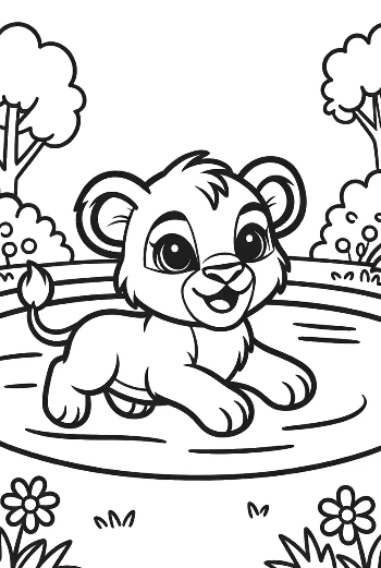 Little Lion Cub Playing in a Pond with Water Lilies Printable