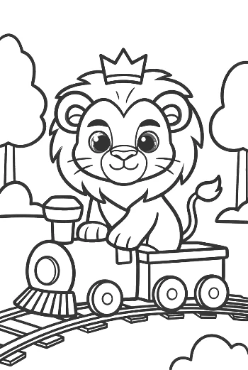 Little Lion Cub Waving from a Colorful Toy Train Car Printable