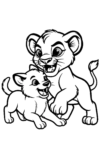 Playful Lion and Cub Wrestling