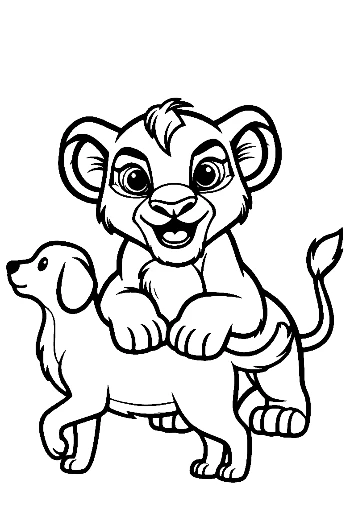 Verspieltes Löwenjunges reitet glücklichen Welpen