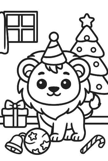 Small Lion Cub with a Santa Hat and Holiday Gifts Printable
